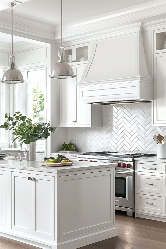 Bright white kitchen cabinets in a clean and spacious kitchen, complemented by marble countertops and stainless steel appliances.