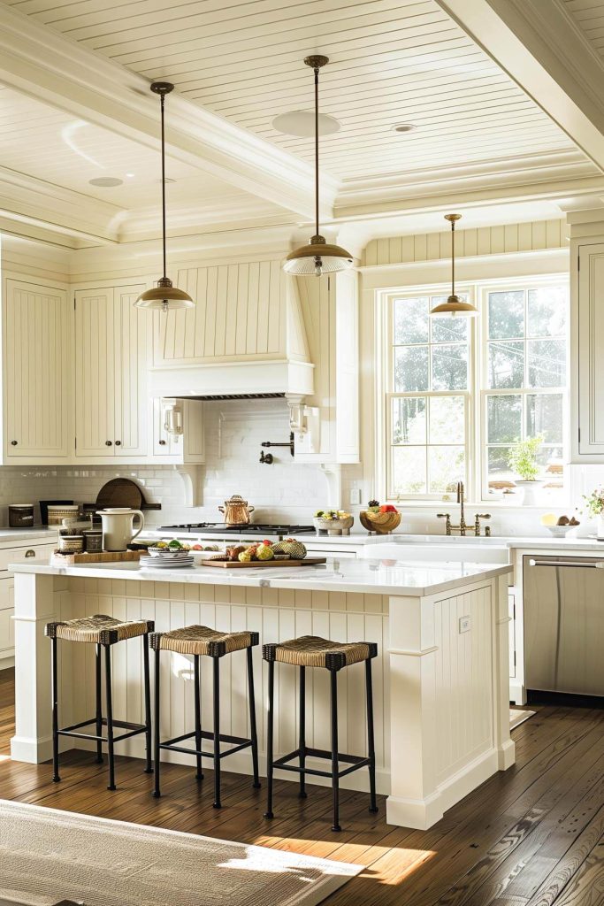 White cottage kitchen cabinets with detailed beadboard inserts and classic knobs.