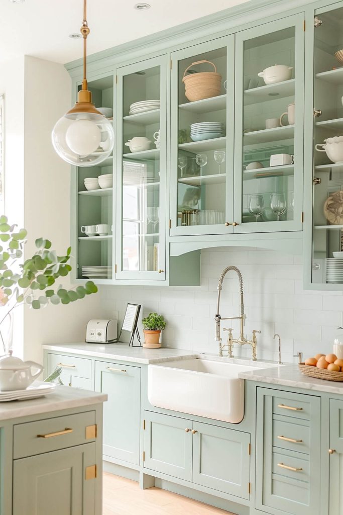 A contemporary kitchen with green cabinets and built-in open shelving.