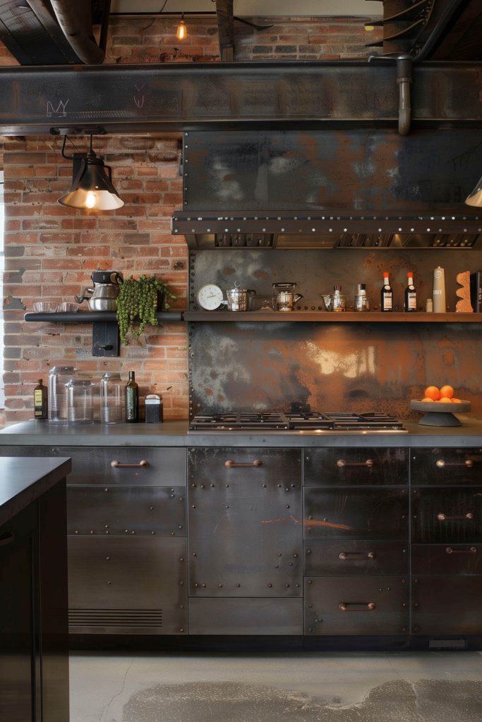 Edgy industrial metal kitchen cabinets in a modern urban kitchen with concrete countertops and exposed ductwork.