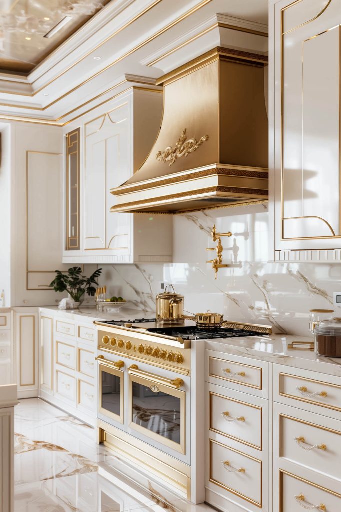 Luxurious white kitchen cabinets beneath a gold-accented range hood for a touch of opulence.