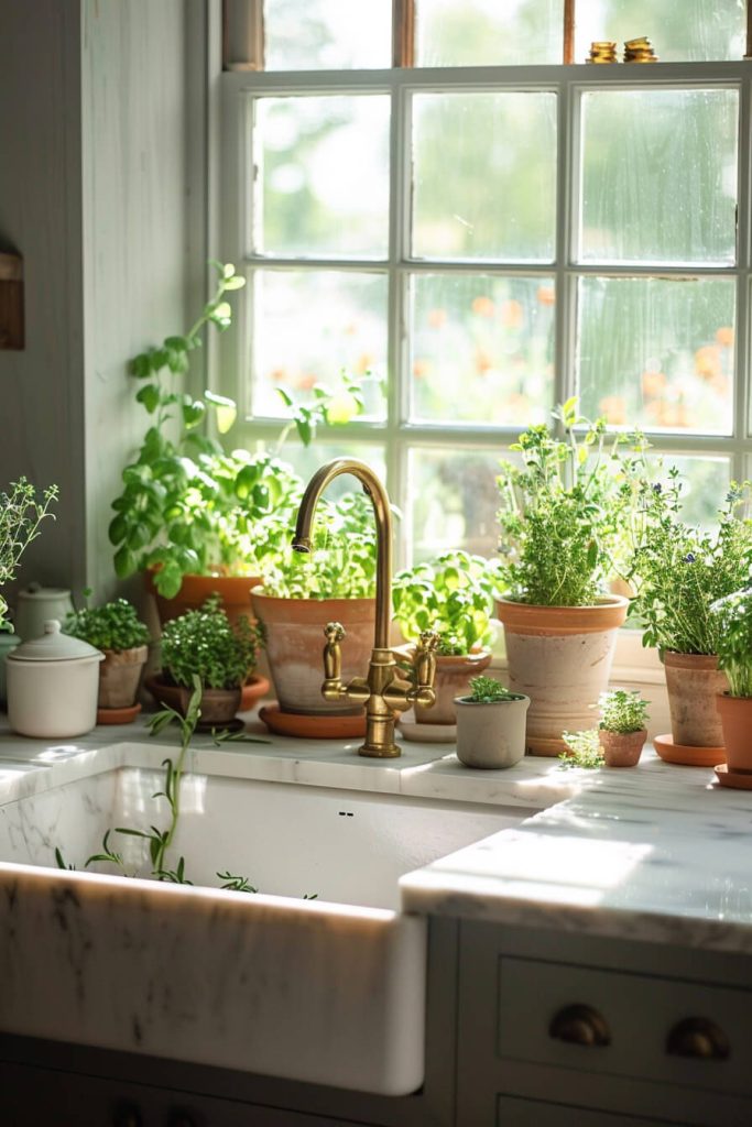 Indoor herb garden on a kitchen window sill, adding fresh greenery and cooking ingredients to a farmhouse kitchen.