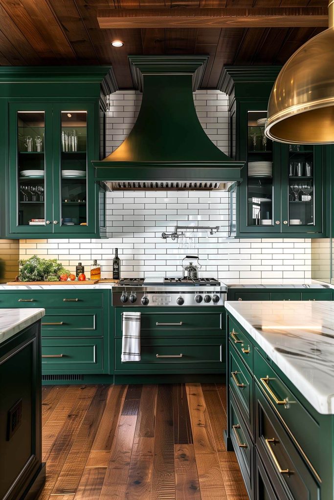 An elegant kitchen with hunter green cabinets and dark wood floors.