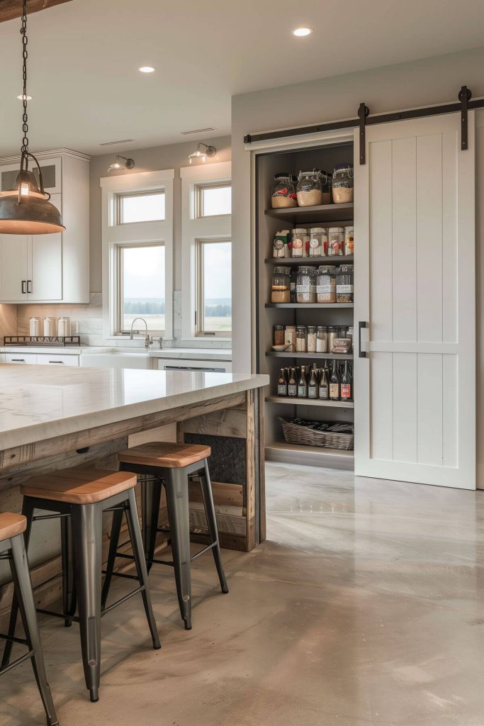 Rustic-chic white kitchen cabinets with a sliding barn door for pantry access.