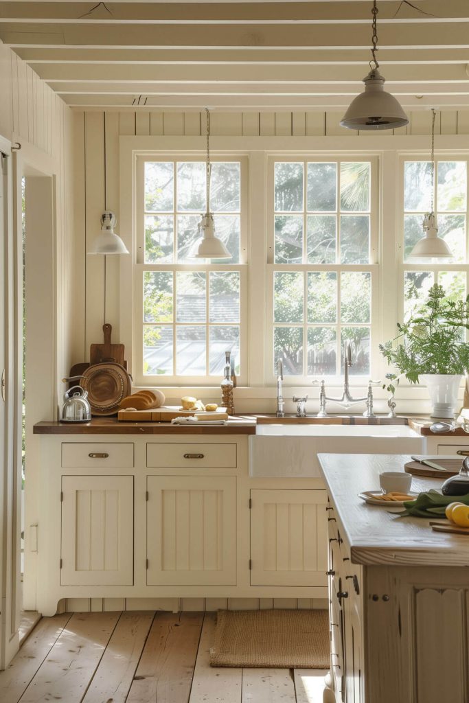 Charming beadboard kitchen cabinets painted seafoam green, giving a cottage feel with white countertops and floral decor.