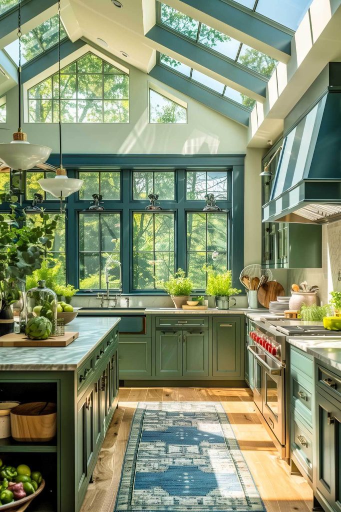 A kitchen with a monochromatic green color scheme and natural stone countertops.