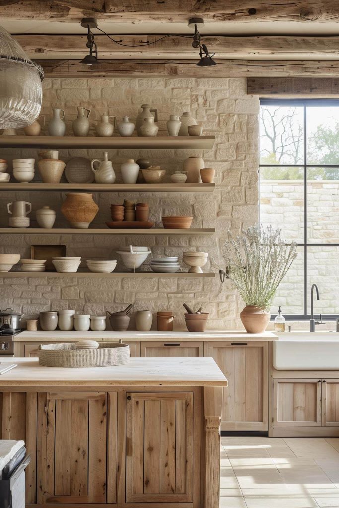 Artfully displayed pottery on open shelving in a farmhouse kitchen, contributing to a homey atmosphere.