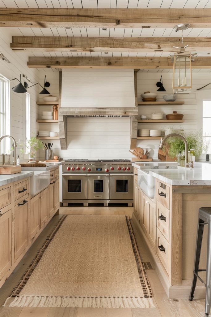 Comfortable and colorful braided rug placed underfoot in a bright farmhouse kitchen.