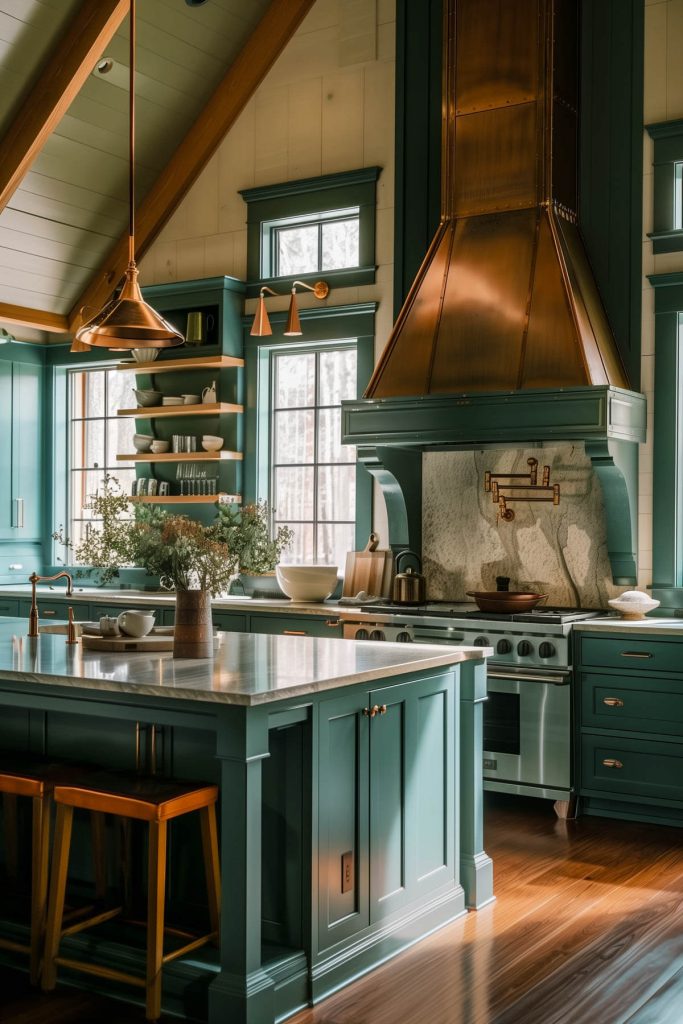 A luxurious kitchen with teal green cabinets and copper fixtures.