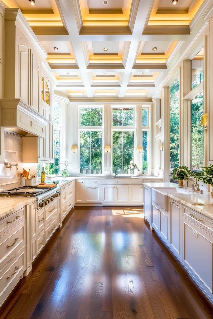 Grand white kitchen cabinets with a dramatic coffered ceiling overhead, enhancing architectural depth.