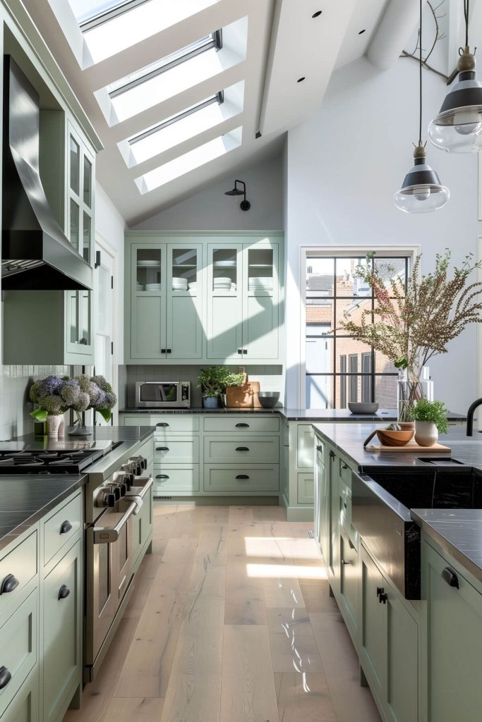 A sleek kitchen with pale green cabinets and black soapstone countertops.