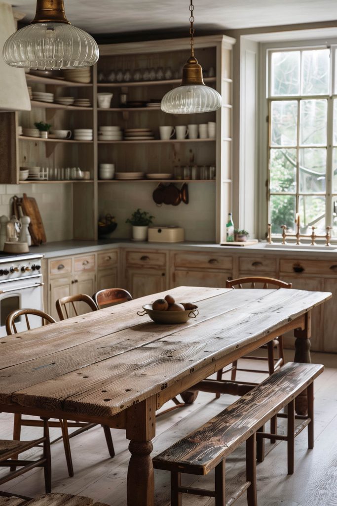 Distressed wood furniture, including a dining table and chairs, providing a sense of history to a farmhouse kitchen.