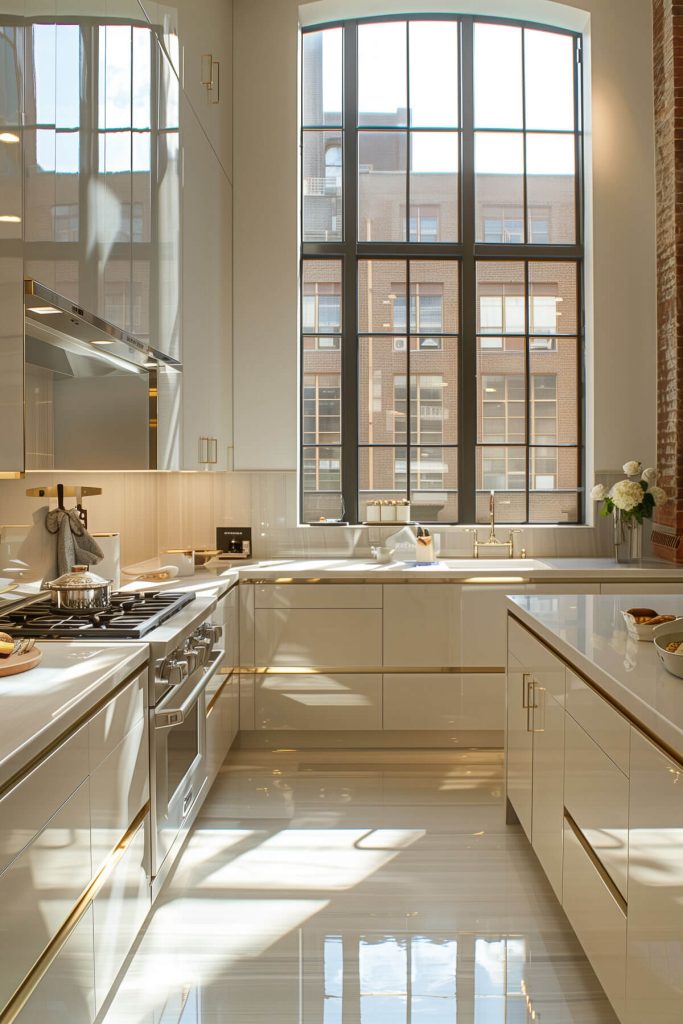 Vibrant high-gloss kitchen cabinets in cream, reflecting light in a modern kitchen with sleek fixtures and fittings.