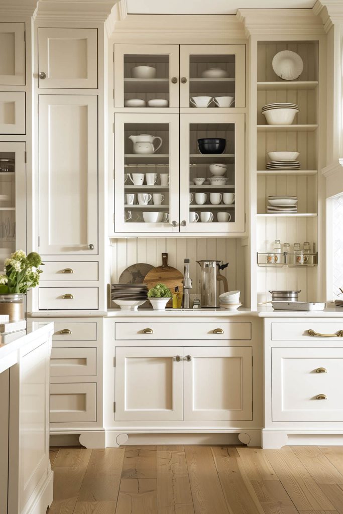 Functional white kitchen cabinets with a mix of open shelving and closed storage options.
