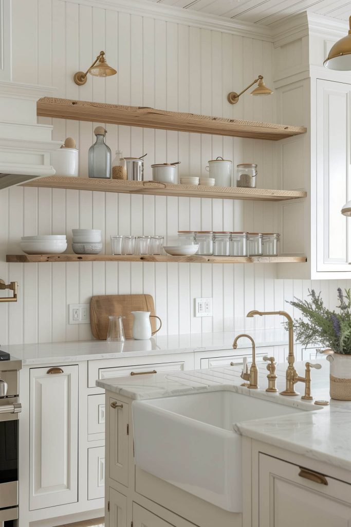 Subtle, textured beadboard in a light-filled farmhouse kitchen.