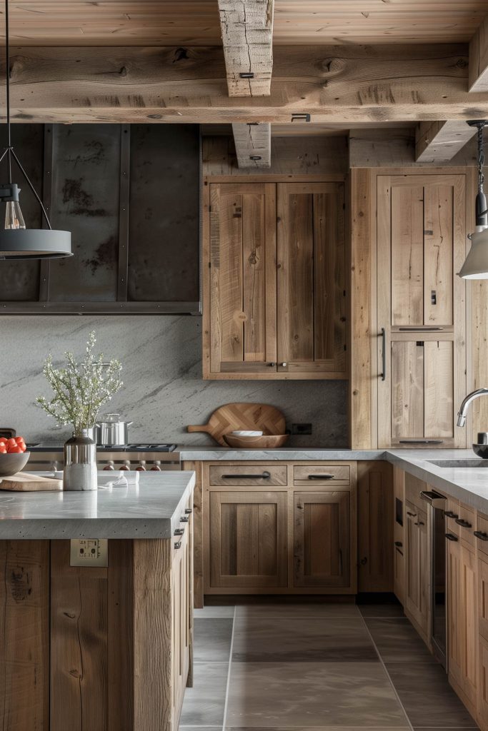 Rustic barnwood kitchen cabinets adding earthy charm to a kitchen with a stone farmhouse sink and iron accents.