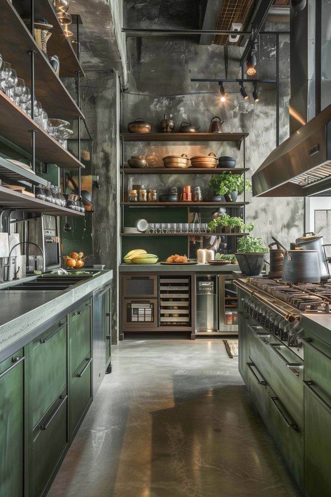 A sophisticated kitchen with bottle green cabinets and industrial metal accents.