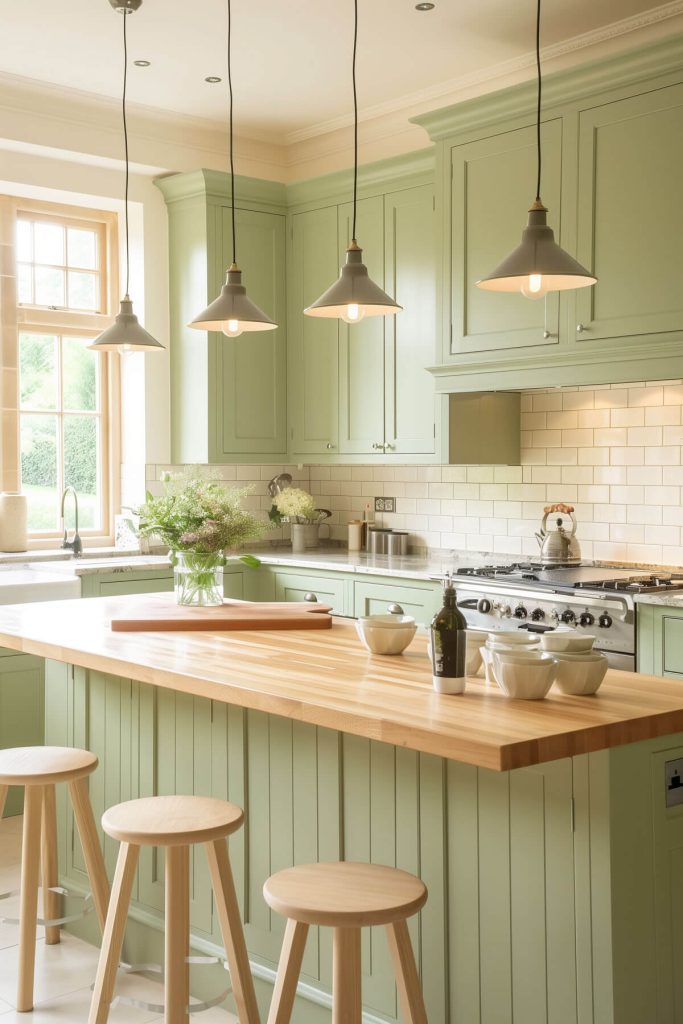 A modern kitchen with celery green cabinets and cream-colored tiles