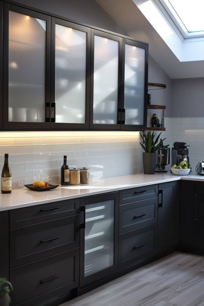 Modern kitchen featuring frosted glass cabinets with dark aluminum frames, paired with a white subway tile backsplash.