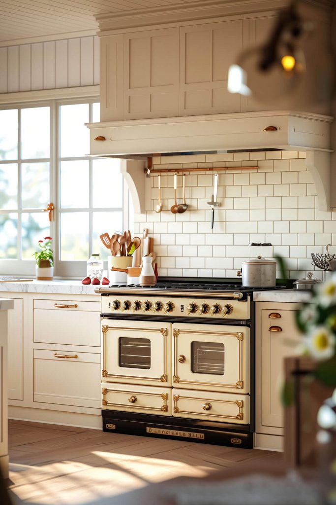 Vintage stove in a farmhouse kitchen blending old-world charm with modern functionality.