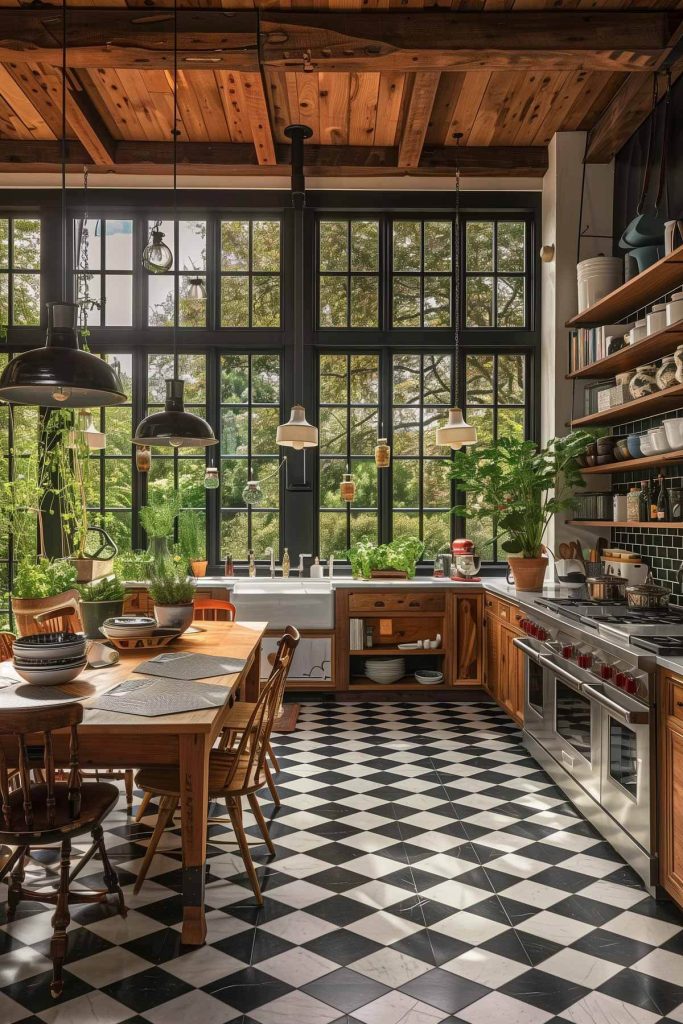 Classic and bold checkerboard tile flooring grounding a farmhouse kitchen with timeless design.