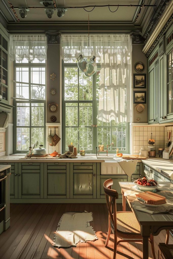 A kitchen with charming pea green cabinets and antique decorative elements.