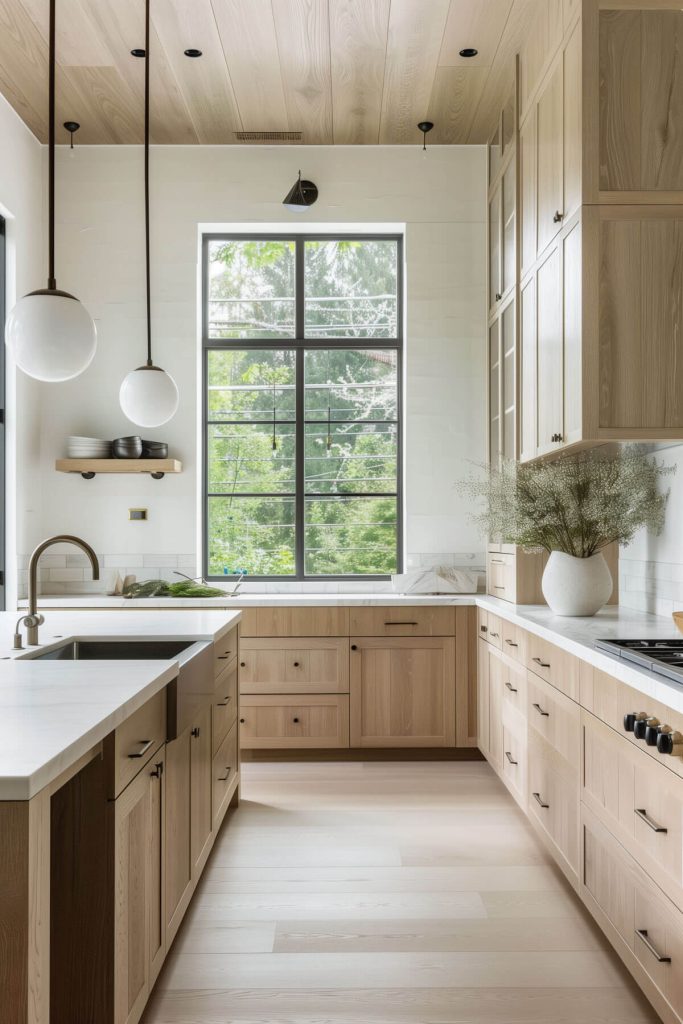 Minimalist white oak kitchen cabinets with a natural finish in a serene kitchen environment, showcasing clean lines and simplicity.