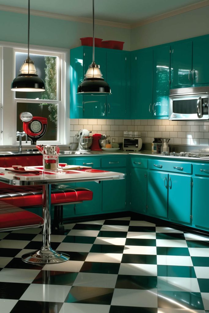 Retro-inspired kitchen cabinets in glossy teal, paired with classic black and white checkered flooring and vintage decor.