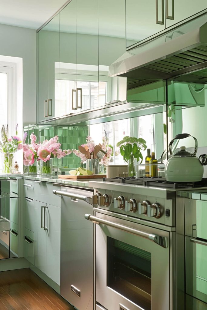 A small chic kitchen space with pastel green cabinetry and mirrored backsplashes.