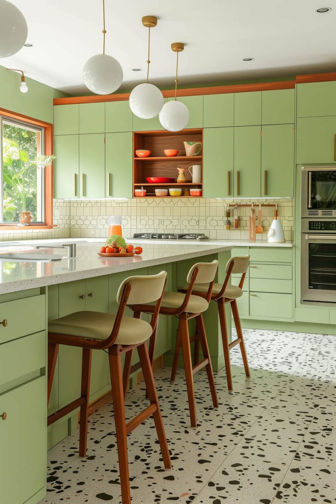 . A retro-style kitchen featuring avocado green cabinets and terrazzo countertops.