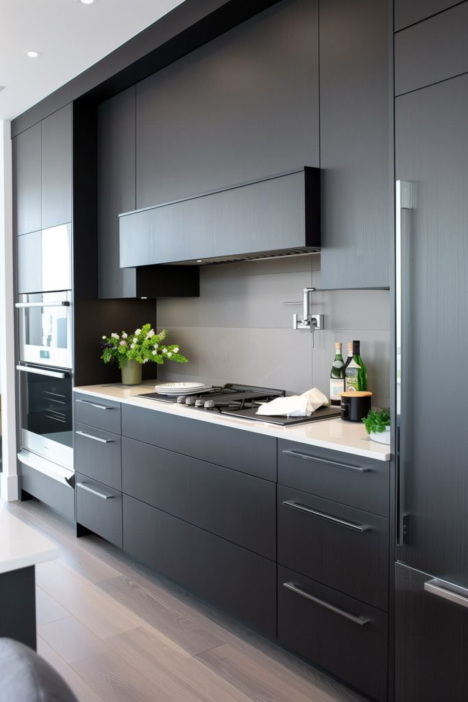 Contemporary slab front kitchen cabinets in matte black, providing a sleek look in a modern kitchen with white countertops.