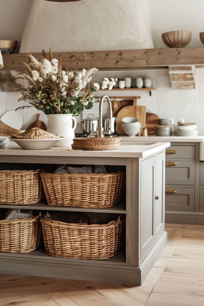 Attractive wicker basket storage solutions on open shelving, adding texture to a farmhouse kitchen.