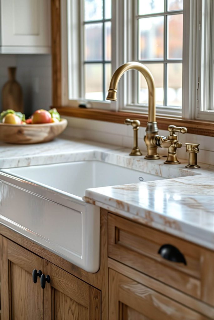 Elegant farmhouse kitchen featuring an apron front sink set into natural stone countertops, with antique brass faucets.