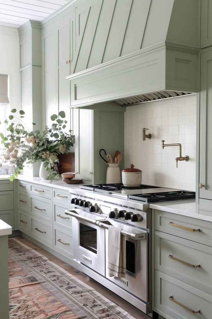 Green kitchen cabinets adding a pop of color to a modern kitchen with natural wood accents and ample lighting.