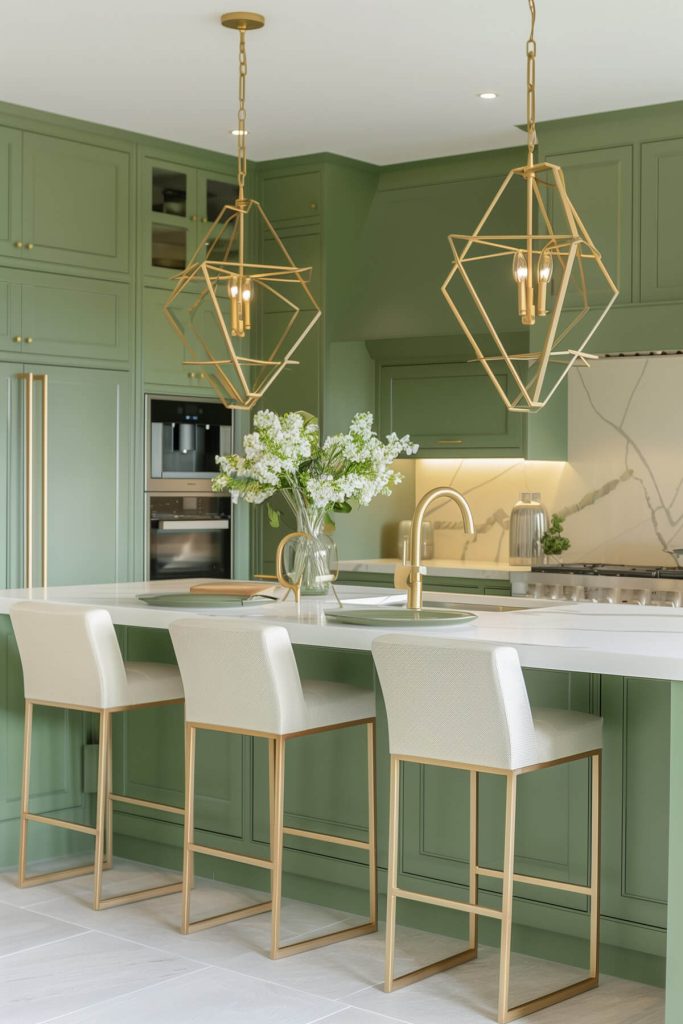 A chic modern kitchen with green cabinets and gold or brass geometric lighting fixtures.