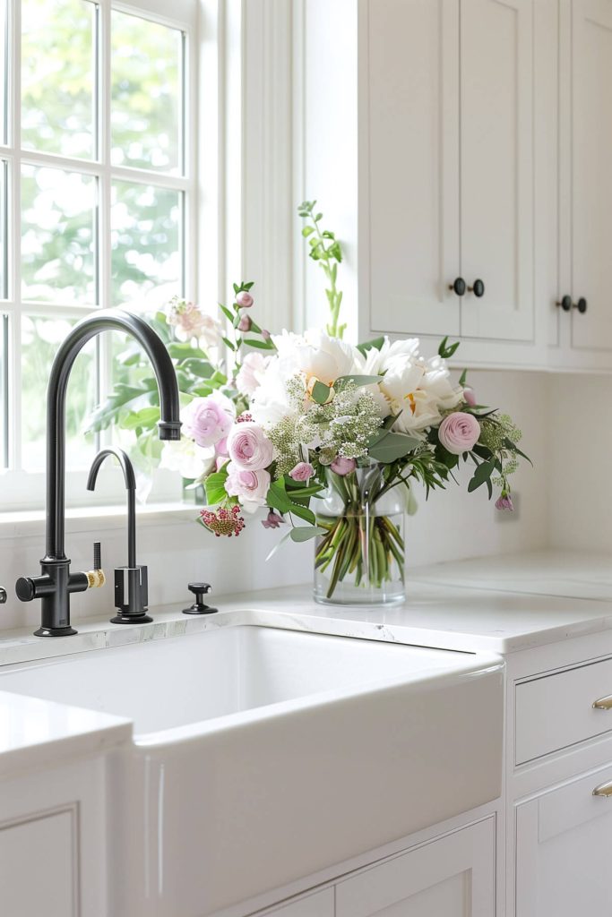 Elegant white kitchen cabinets encasing a deep farmhouse apron sink.