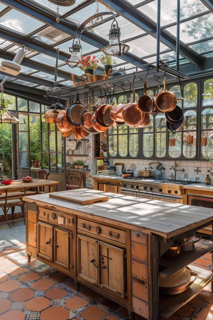 Ceiling-mounted pot rack filled with copper and cast iron cookware in a farmhouse kitchen, showcasing functional artistry.