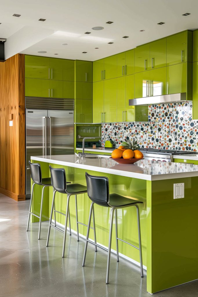 A contemporary kitchen with chartreuse green cabinets and abstract tile backsplash.