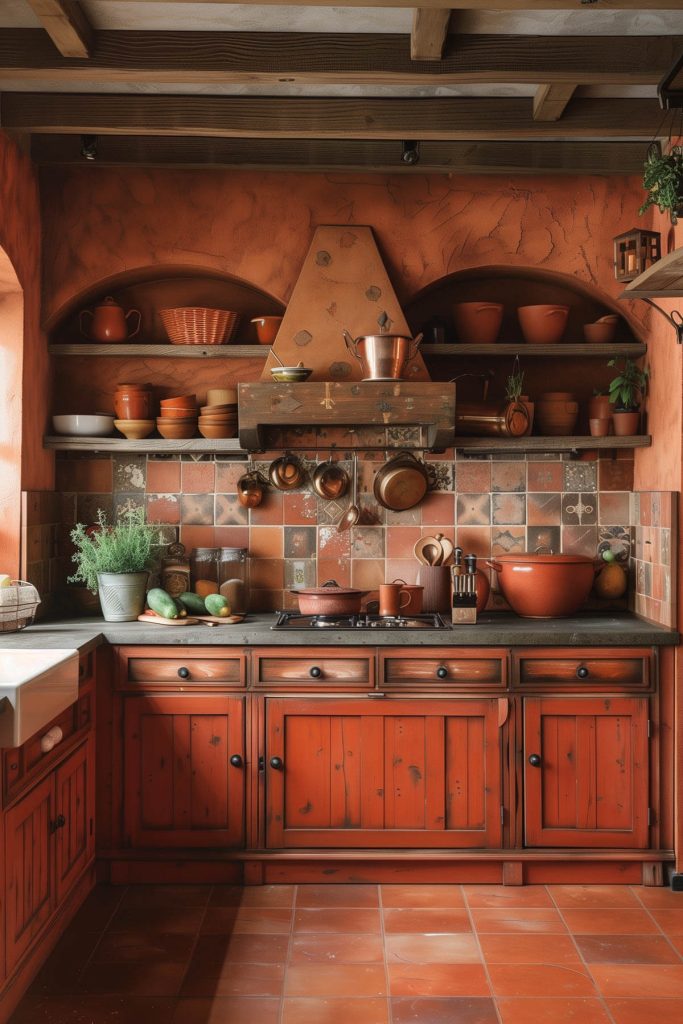 Warm terracotta-toned kitchen cabinets in a cozy kitchen setting, complemented by slate countertops and copper accessories.