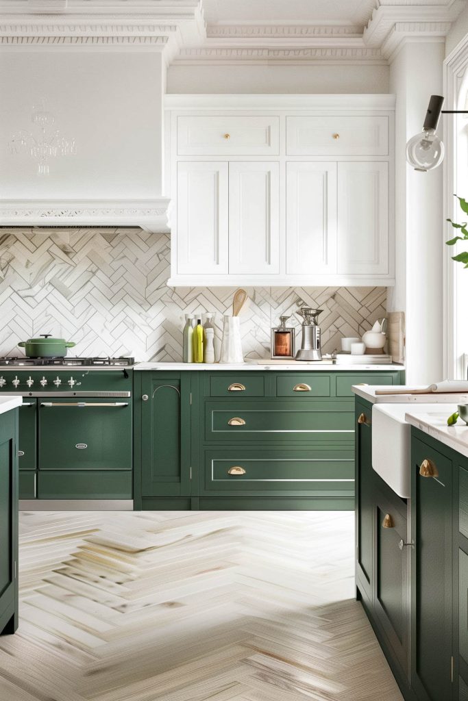 A dual-tone kitchen with deep green lower cabinets and white uppers.