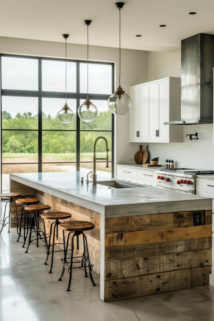 Reclaimed wood island centerpiece in a modern farmhouse kitchen, combining sustainability with style.