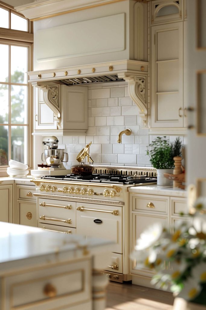 Classic French country kitchen cabinets in soft cream with intricate moldings and antique brass hardware in a rustic kitchen.