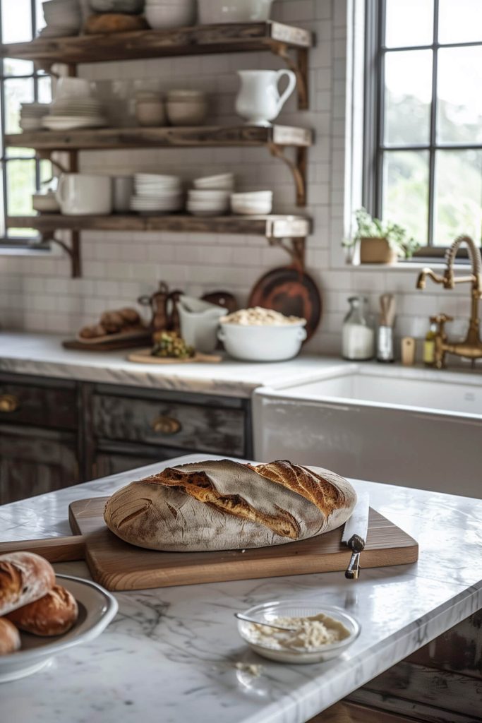 Dedicated breadboard area in a farmhouse kitchen, inviting culinary exploration with artisanal bread-making tools.