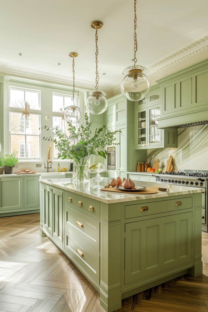 An elegant kitchen with jade green cabinets and soft beige stone countertops.