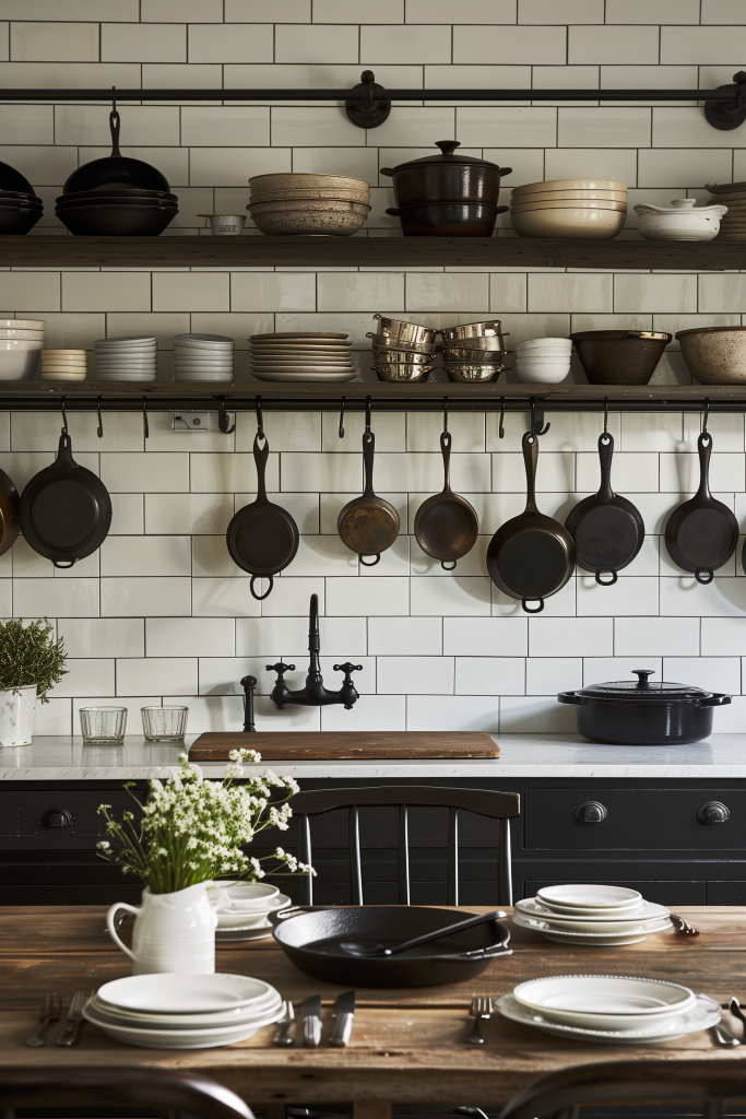 Farmhouse kitchen with cast iron accents, including skillets and pans, blending rustic charm with elegance.