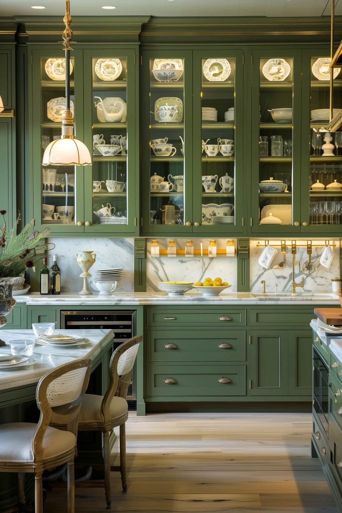 A kitchen with green cabinets featuring glass front doors for displaying dishware.