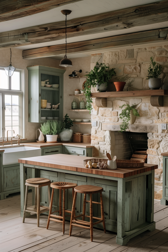 Serene farmhouse kitchen painted with milk paint in sage, providing a soft, velvety backdrop.