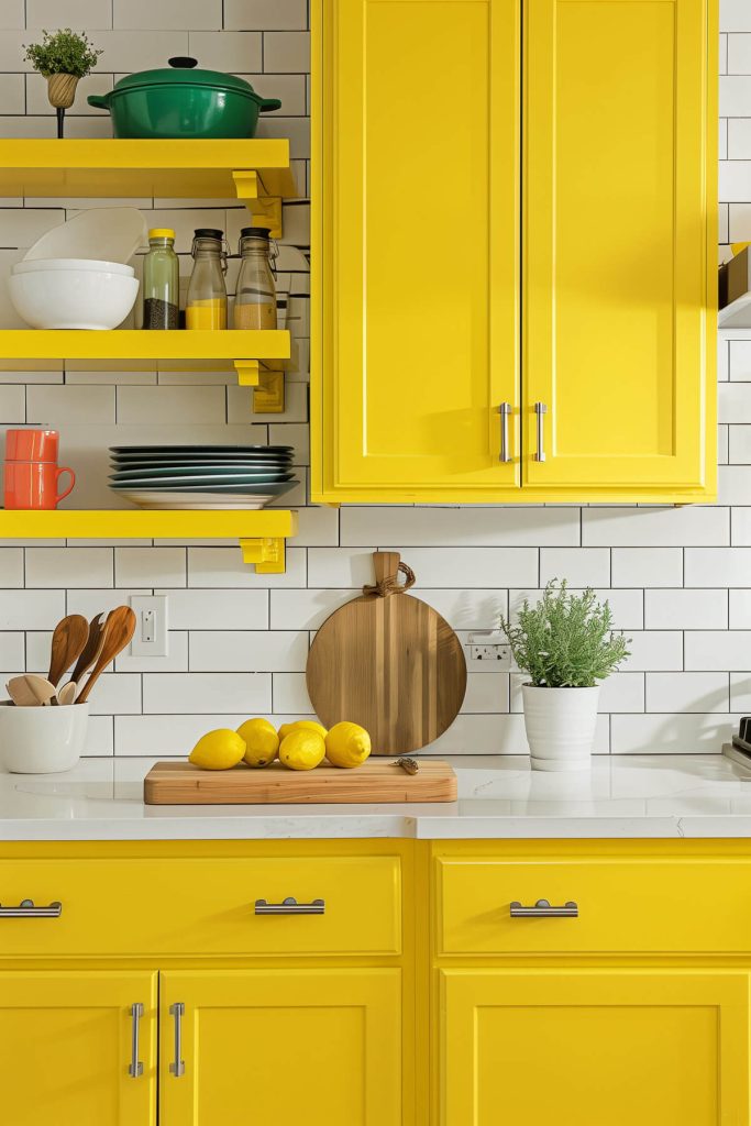 Cheerful lemon yellow kitchen cabinets brightening a modern kitchen with neutral countertops and vibrant decorative accents.