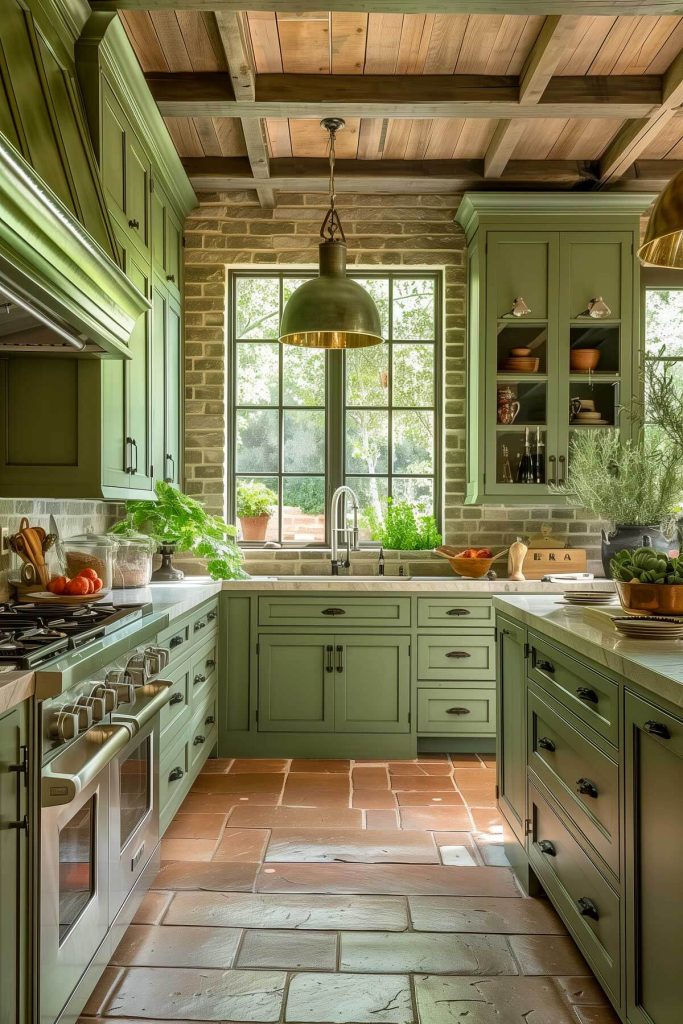 A rustic kitchen with moss green cabinets and stone countertops.