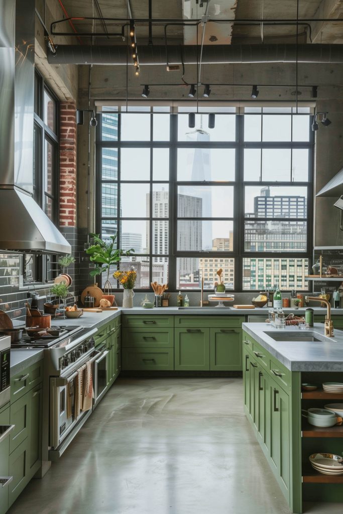 An urban loft kitchen with sophisticated green-grey cabinets and concrete countertops.